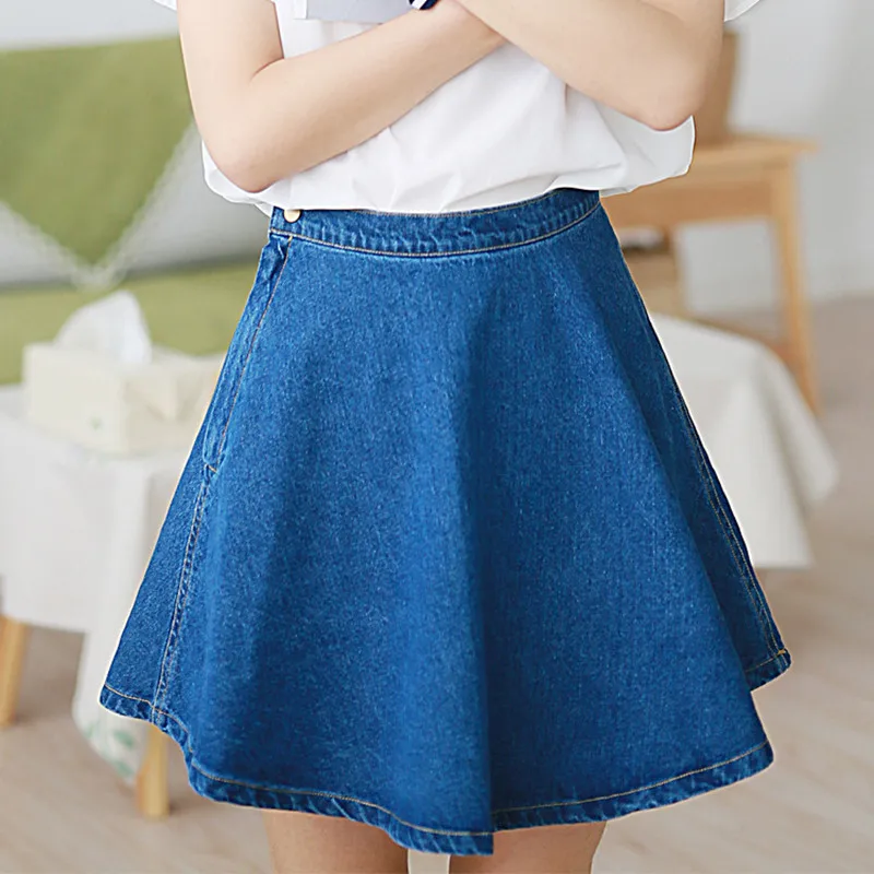 Mini denim skirt High waist Casual Korean style blue button zipped A ...