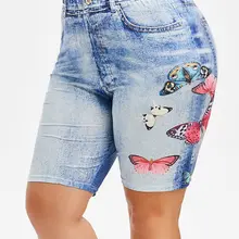 Rosegal 3D джинсовая кепка с аппликацией «бабочка» принт размера плюс шорты Эластичная Высокая талия Повседневная одежда свободные шорты женские летние уличные