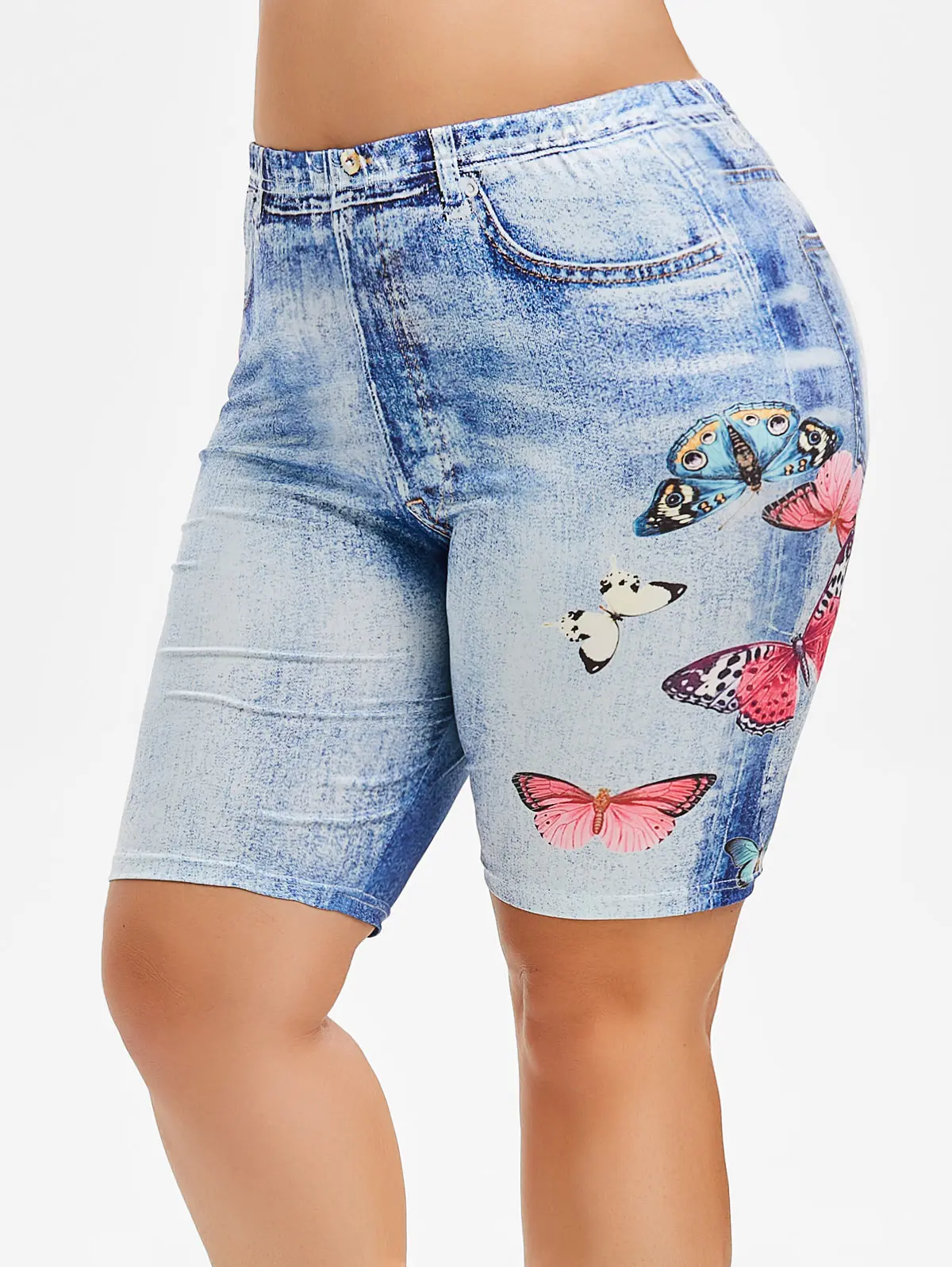 

Rosegal 3D Butterfly Jean Print Plus Size Shorts Elastic High Waist Casual Wear Free Shorts Women Summer Streetwear 2019