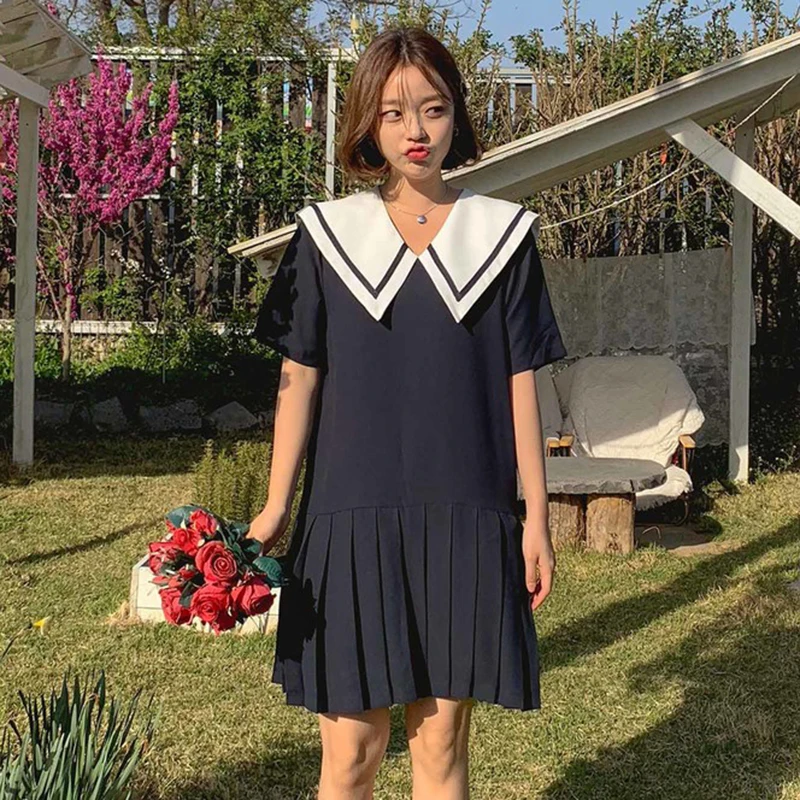

Sailor Girl Old School Cute Pleated Dress Summer Kawaii Casual Dress Short Robe Femme Vestido Mujer Vestiti Donna