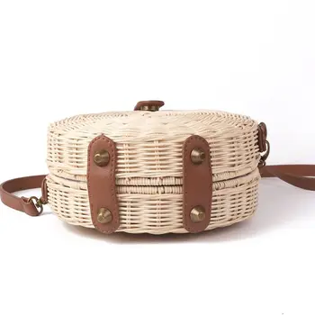 

DCOS-Women Straw+polyesterBag Bohemian Bali Rattan Beach Handbag Small Circle Lady Vintage Crossbody Handmade Kintted Shoulder