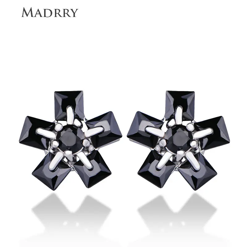 Madrry Latest Real 925 Sterling Silver Flower Shape Stud Earrings Black Cubic Zircon Jewelry For Women Girls Ear Ornaments Gifts | Украшения