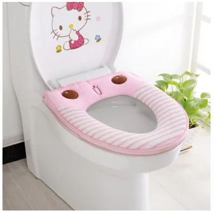 Мультяшное Полосатое плюшевое толстое, туалетное покрытие, водонепроницаемая подушка для унитаза коврик для ванной туалета, уплотнительное кольцо, набор, теплая крышка для унитаза - Цвет: Pink without ear