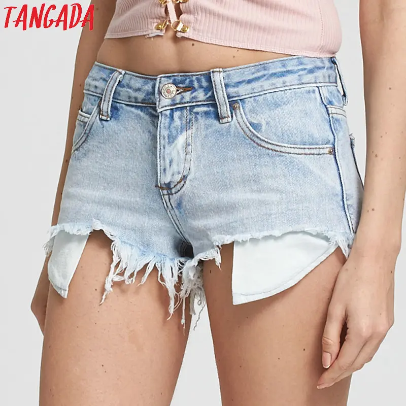 Tangada 50's Vintage Fringe Blue Denim Shorts Women Casual
