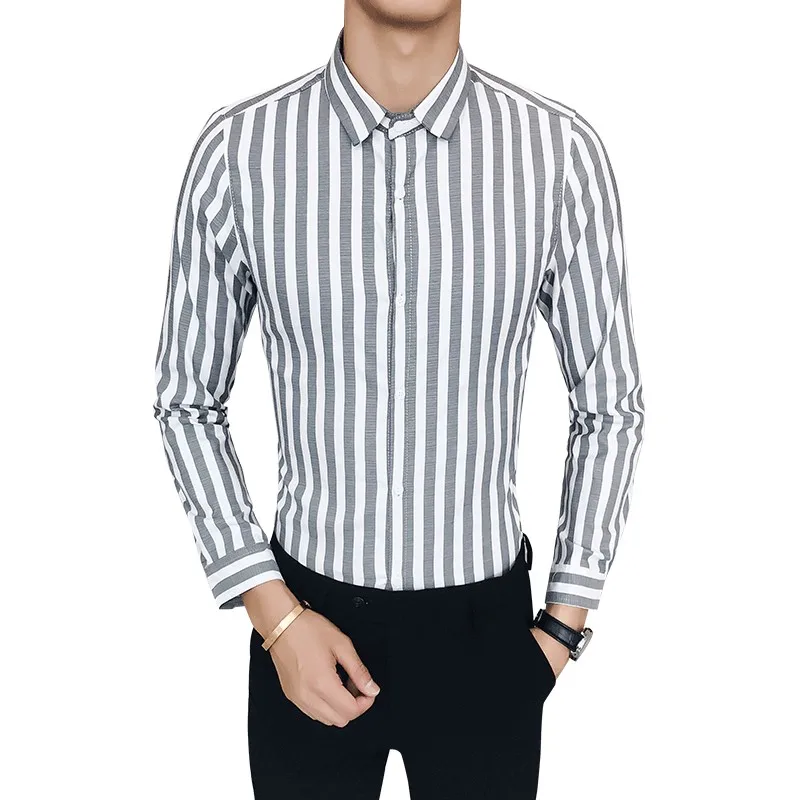 Новая рубашка мужская качественная Осенняя мужская Повседневная рубашка с длинными рукавами облегающая полосатая джентльменский Бизнес Рубашка мужская плюс размер