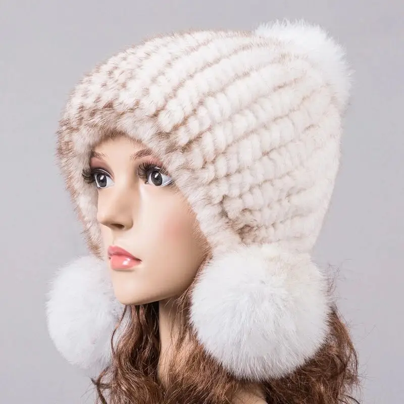 

natural mink fur hat for winter women knitted earflap fur hats autumn warm fur pom pom beanies beige blue pink 10 colors H919