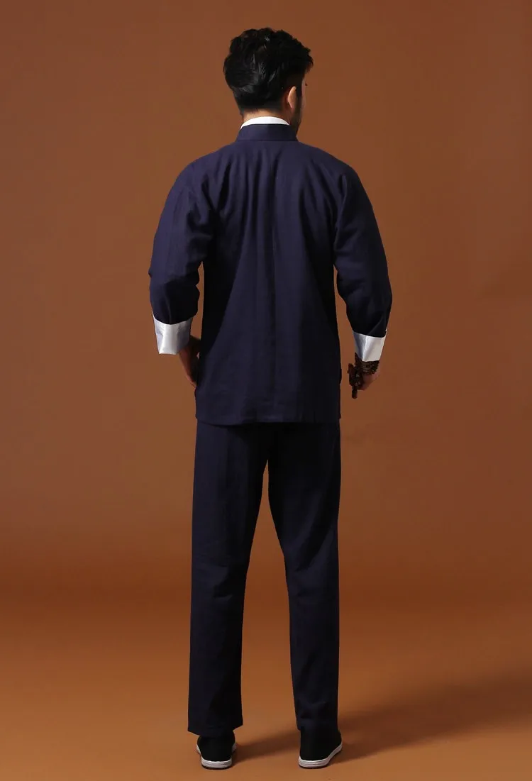 Темно-синий Традиционный китайский классический стиль кунг-фу комплект s m en's хлопково-Льняная куртка брюки костюм Размер s m L XL XXL XXXL Mnt01B
