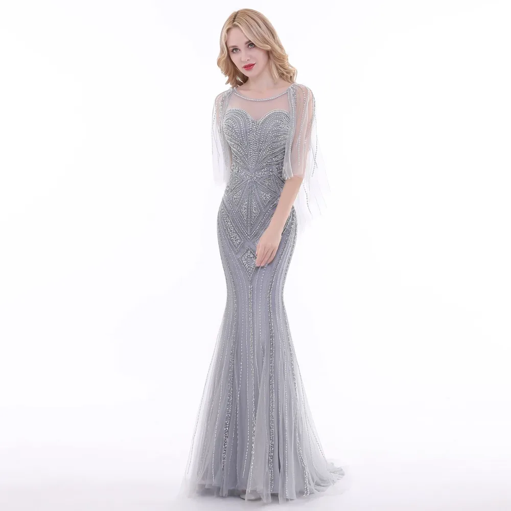 

Finove Luxury Grey Evening Dresses 2019 Illusion Half Sleeve Backless Mermaid Floor Length Party Gowns Formal Dresses for Woman