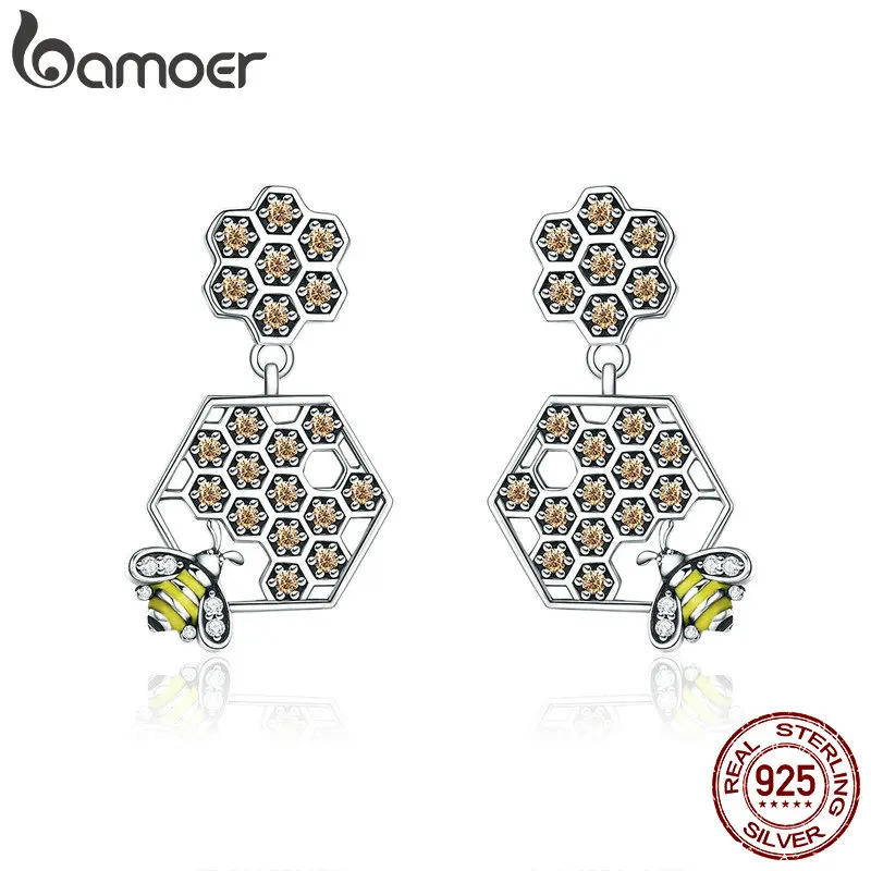 

BAMOER Real 925 Sterling Silver Hard-working Bee in Honeycomb Square Drop Earrings for Women Fine Silver Jewelry S925 SCE315
