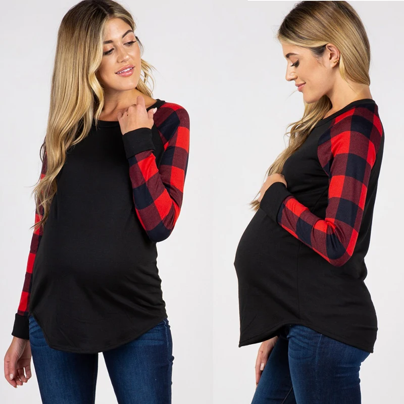 

Spring T-shirt for Pregnant Women Checked Patchwork Maternity Tops Cotton Casual Tshirts for Pregnancy Mom Casual Tees