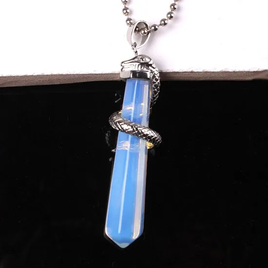 Natural Gnergy Gemstone~ Silver Plated Amethysts Rose Pink Quartz Opalite Opal Stone Hexagon Prism Wrapped Snake Pendant Charm Jewelry 12 AA00201010306a