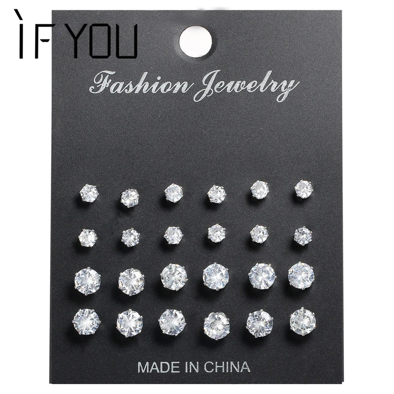 

IF YOU 12Pairs/Set Fashion Round Transparent Crystal Zirconia Stud Earrings Set Elegant Long Earring Sets Jewelry For Women Gift