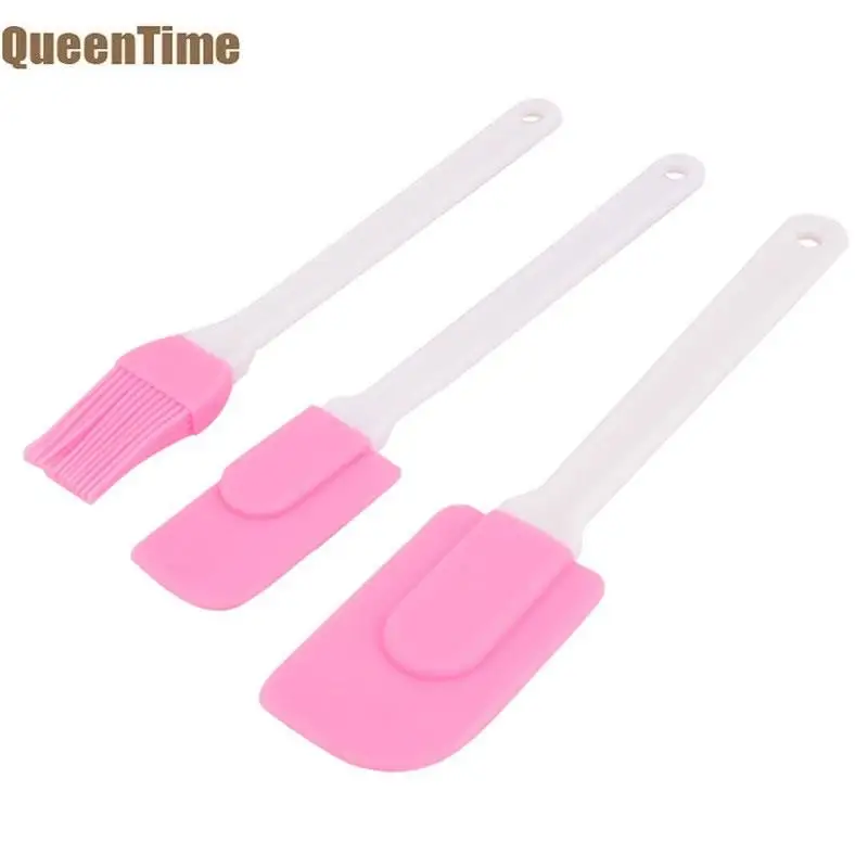 

QueenTime 3Pcs/Set Silicone Spatula Pink Cream Scraper Sauce Basting Brush Flexible Oil Brushes Non Stick Spreader Baking Tools