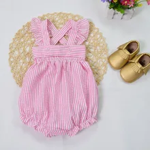 Ins Hot Infant Baby Girls Stripe Cotton Linen Rompers Toddler Flutter Sleeve One pieces 2016 Children’s Princess Romper
