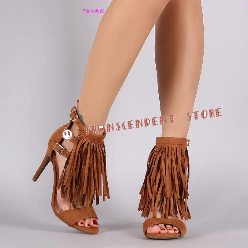 Handmade Summer 3 Buckle Strap Woman Shoes Flock Upper Fashion Fringe Decorated Women Sandals High Heels Leather Party Pumps