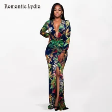 Romantic Lydia 2017 Women Floral Maxi Dress Plus Size Tropical Print Green Dress Deep V-Neck Side Split Sexy Party Beach Dress stylish cami tropical print women s maxi dress