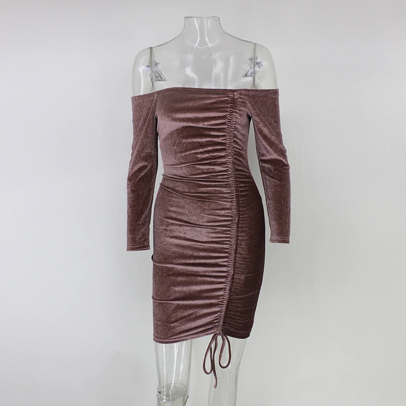 Tobinoone Европейское и американское элегантное однотонное бархатное драпированное платье с вырезом лодочкой сексуальное облегающее мини-платье с длинным рукавом Vestidos