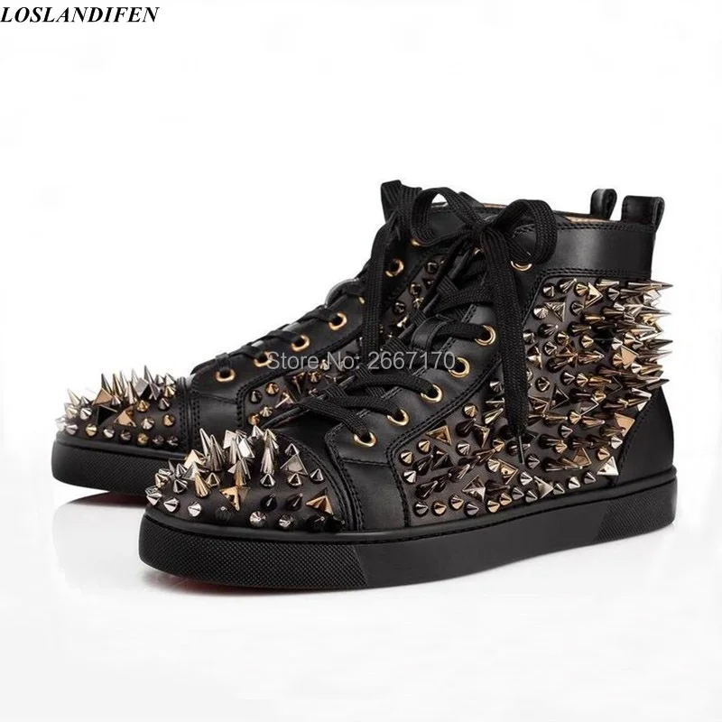 

Fashion Men Sneakers Spikes Studded High Top Flats Rivets Embellished Trainers Lace Up Casual Shoes Men Ankle Boots Shoes