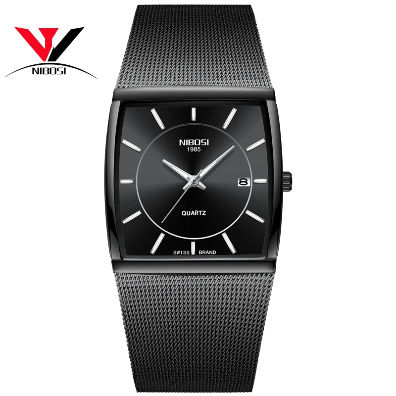 Relojes Hombre NIBOSI Square Watch For Men Mesh Strap Whole Black Analog Quartz-watch Dress Casual Man Clock With Luminous