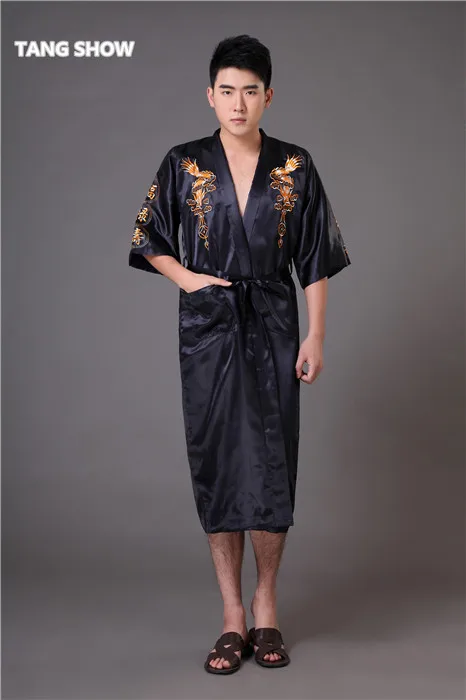 Черные мужские кимоно высокого качества, банный халат в китайском стиле, Атласный халат, вышивка, пижама с драконом, пижамы, большие размеры, MP071