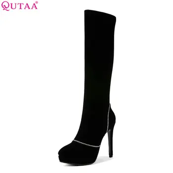 

QUTAA 2019 Women Knee High Boots Winter Shoes Platform All Match Black Sexy Thin High Heel Women Motorcycle Boots Big Size 34-43
