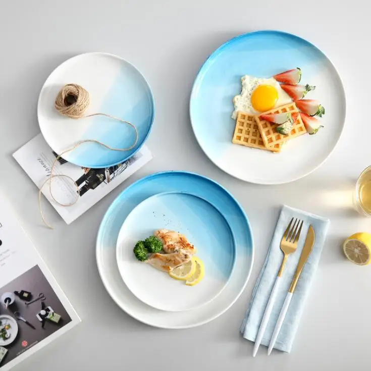 

TECHOME Elegant European Style Restaurant Home Dinner Plates Steak Pasta Dish Blue Round Home Ceramic Dish Round Plate Tray