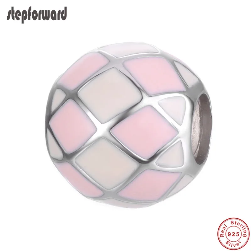

Popular Pink White Design Round Charms Handmade 100% 925 Sterling Silver Grid Pattern Ball Charm Bracelet Bangle Jewelry Making