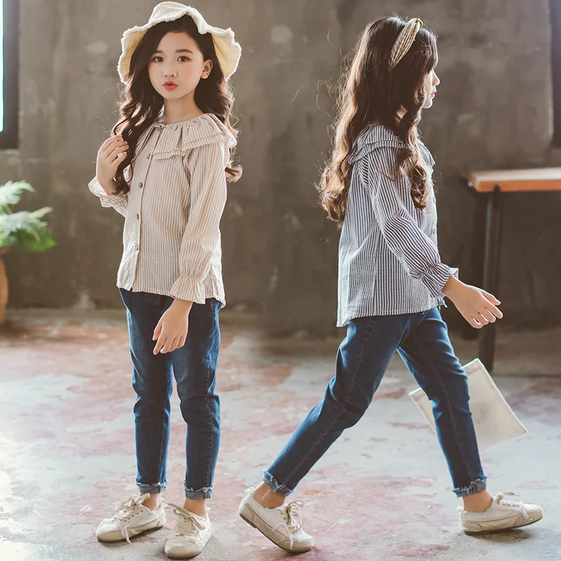 

2018 autumn children clothing girls 2 pcs striped long sleeve shirts blouse & denim jeans pants kids clothes sets girls suits