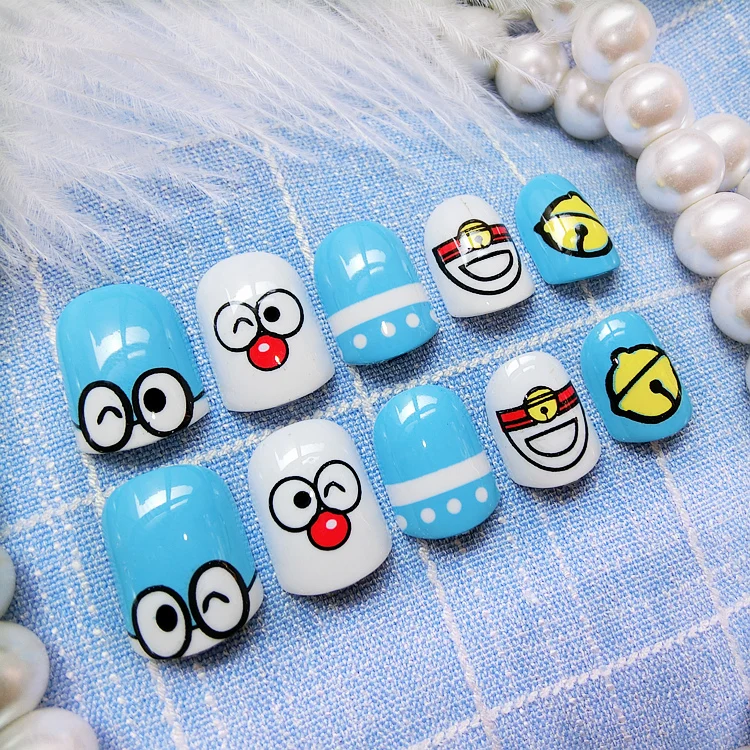 Милые детские накладные ногти с мультяшным рисунком японские однотонные клеем
