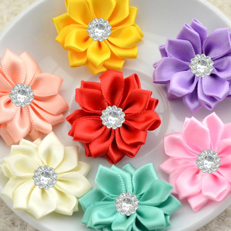 

10 Pieces/Bag Size 4cm Ribbon Rose Flower With Crystal Silk Flower Handmade DIY Wedding Bouquet Flower Hair Cloth Accessories