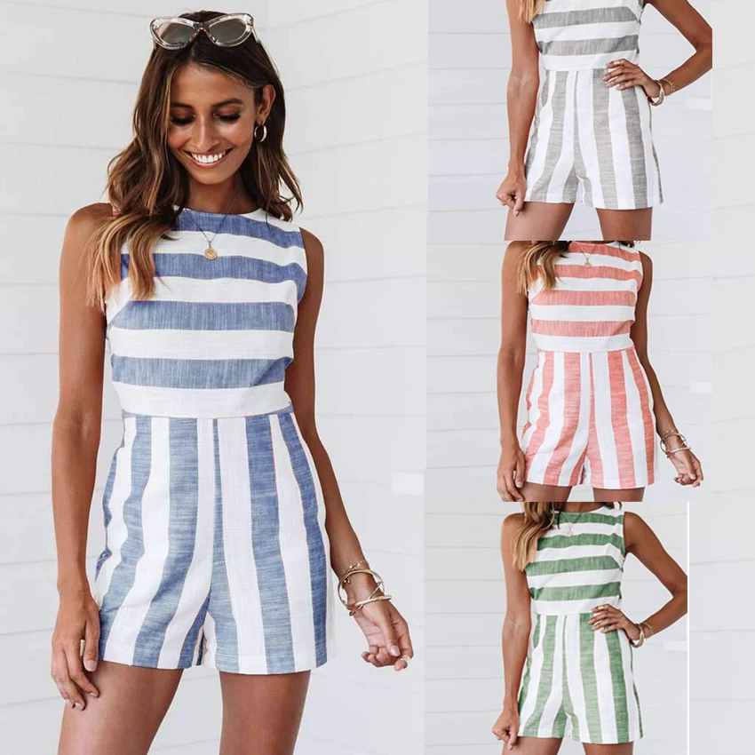 

2019 new fashion summer blue green gray pink sexy women's loose jumpsuit casual O-neck sleeveless waist romper