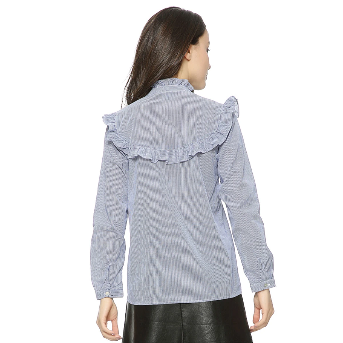 Vintage Floral Embroidery Cotton Ruffled Neck Striped Long Sleeve Casual Blouse Tops (1)