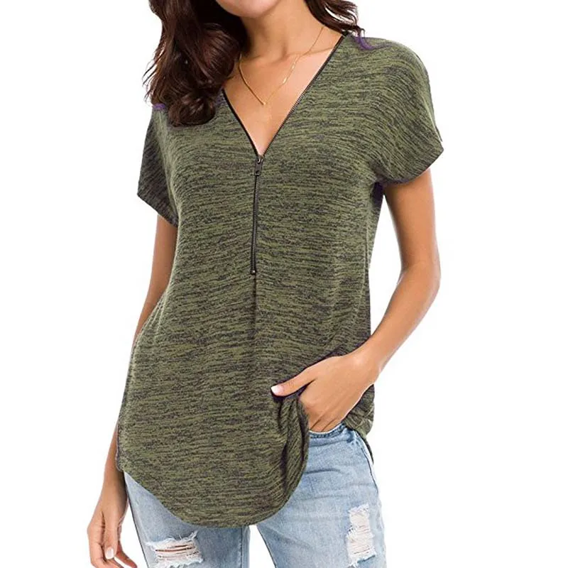 

Basic Zipper Shirts Solid V Neck Short Sleeve Long Casual Loose Big Size Female Tops Women T-shirt Summer Plus Size Tee