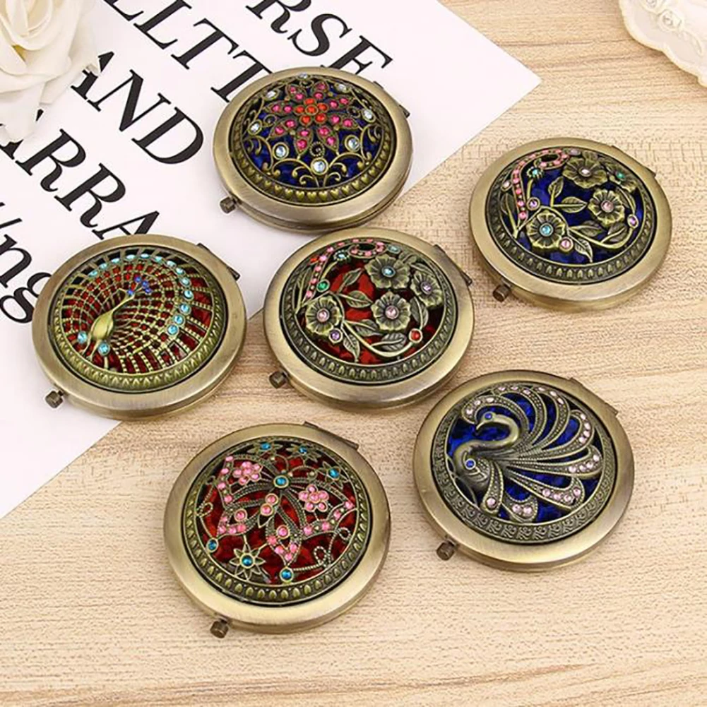 Random Pattern Винтажный полый цветок мини складной карманный круглый двухсторонний макияж зеркало Подарочная косметика - Цвет: Random Pattern