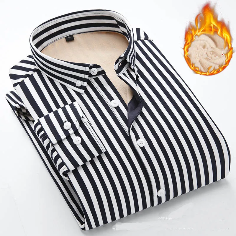 

Quality Men's Winter Warm Plush Slim Shirts Striped Long Sleeves Mens Dress Shirts Camisa Masculina Brand Casual Male Shirt Tops