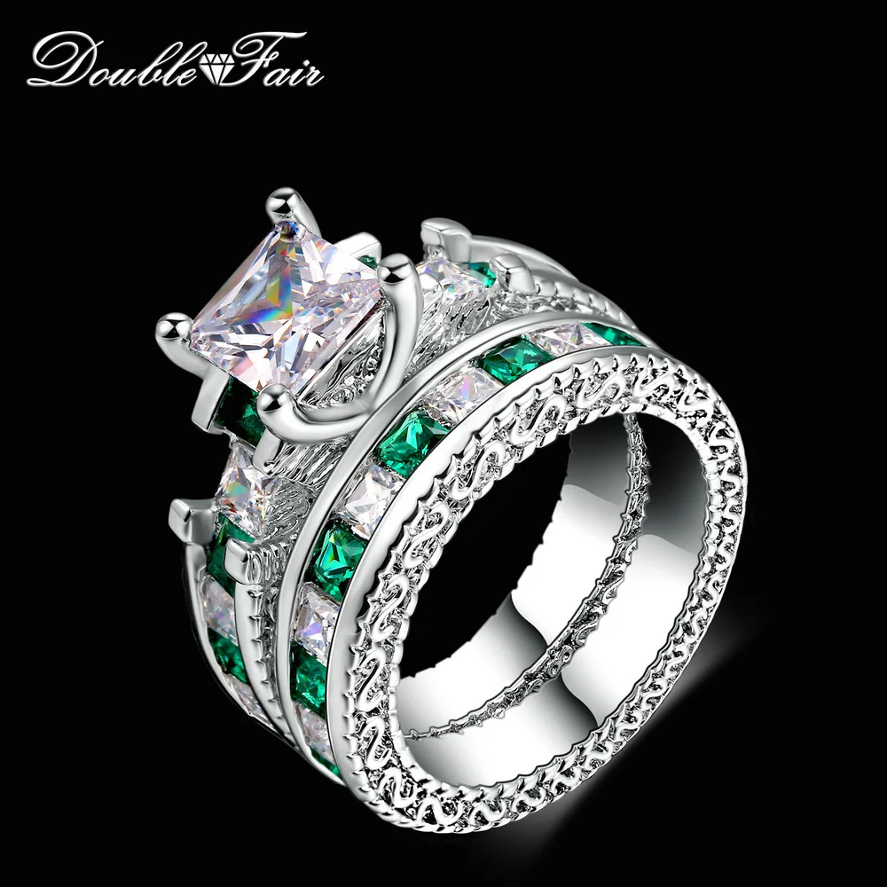 

Double Fair Square Cut Luxury Green Crystal Rings Sets Cubic Zirconia Silver Color Party Fashion Brand Women Jewelry DFR607