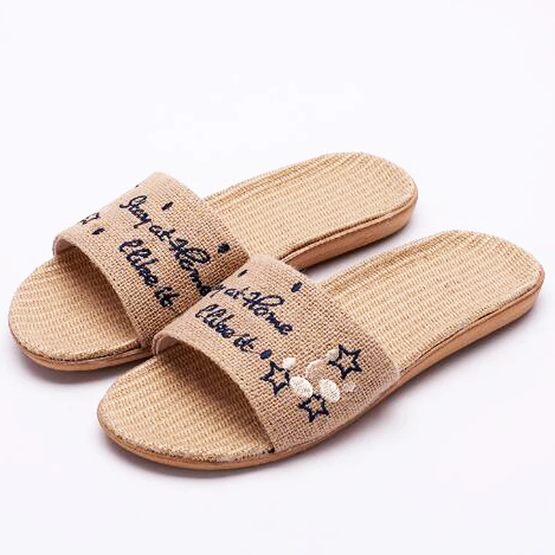 

Men's Solid Letter Linen Slippers Indoor Embroidered Home Flax Slippers Outdoor Beach Flip Flops Men Slides Boy's Flat Sandals