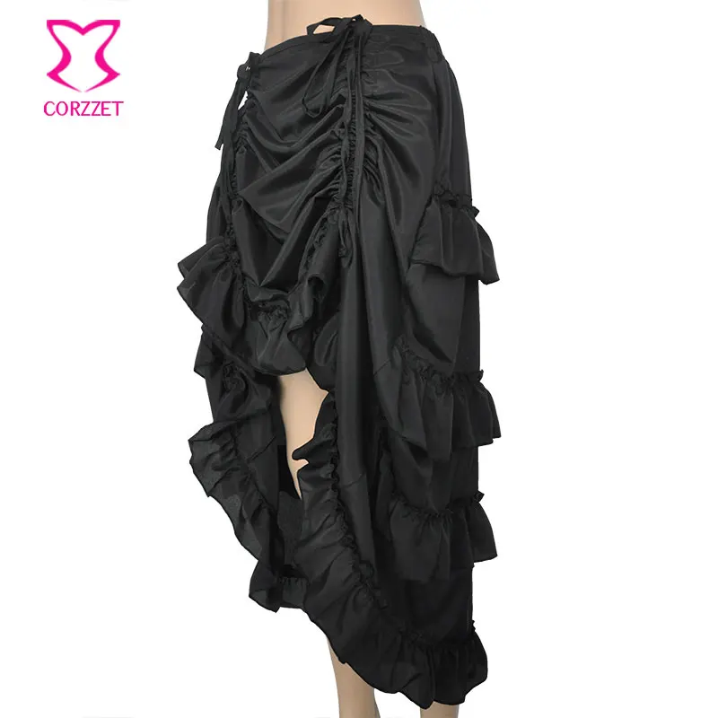 Fashion Black Cascaded Ruffle Chiffon Victorian Women Skirt with Front Short Back Long Sexy Gothic Skirts For Steampunk Courtue