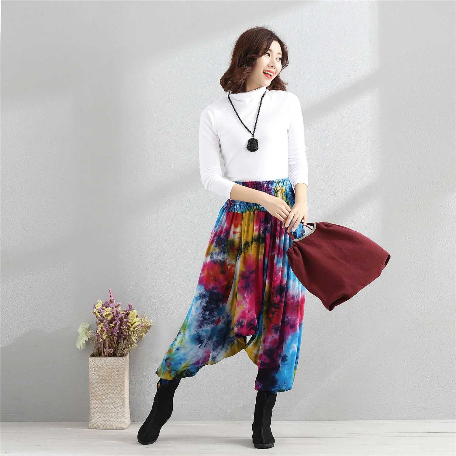 Women Retro Yoga Pants Indian Linen Loose Wide Leg Harem Sweatpants Crotch Pant Running Jog Leisure Travel Workout Fitness Pants