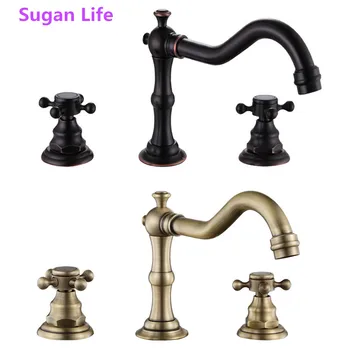 

Sugan Life NEW Antique Brass Deck Mounted Basin Faucet Widespread Bathroom Sink Washing Tap Dual Handle 3 Holes Basin Mixer Tap