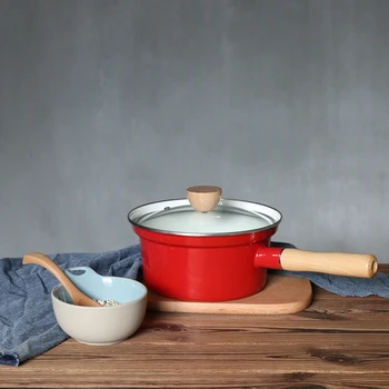 

Japanese style single wood handle porcelain enamel milk pot with lid anti overflow soup pot thickened stewpot saucepot cooker