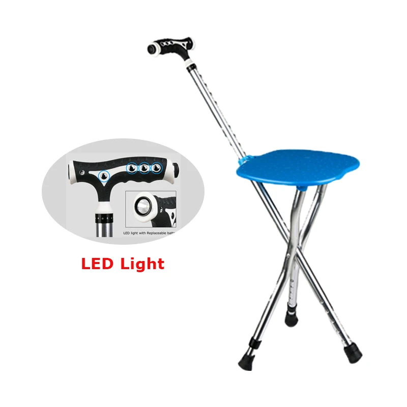 

Elderly walking cane with seat and LED light on handle