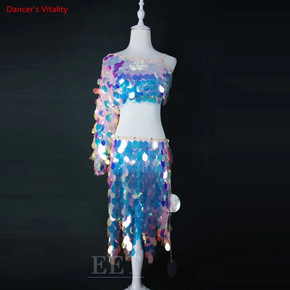 New Luxury Bing Bling Sequins Performance  Belly Dance Costume 2Pcs Bra Skirt 