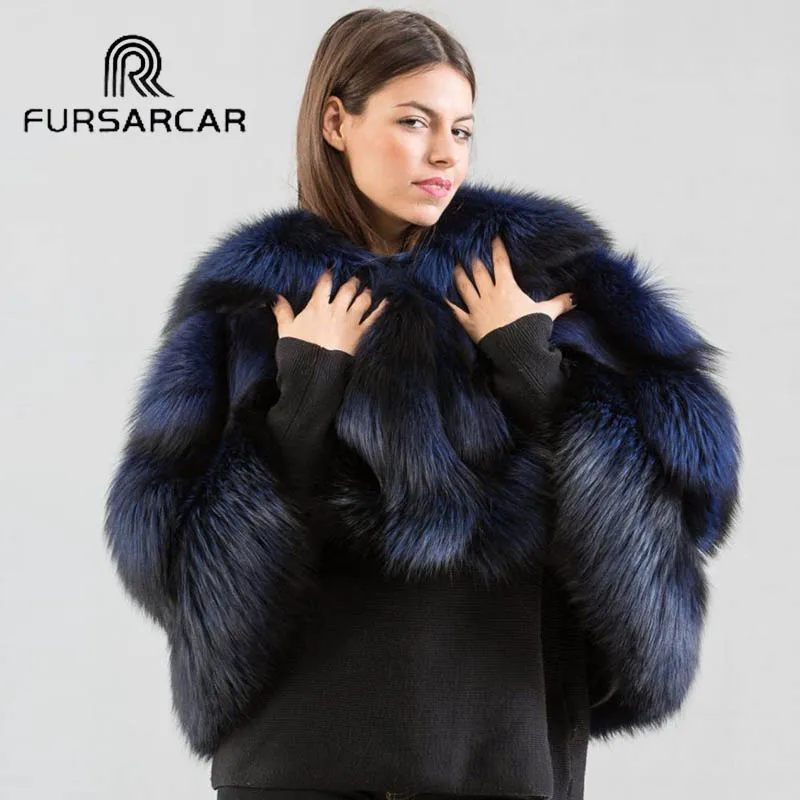

FURSARCAR Luxury Women Real Fur Cape O-Neck New Winter Natural Silver Fox Fur Poncho Blue Color Genuine Fur Shawl