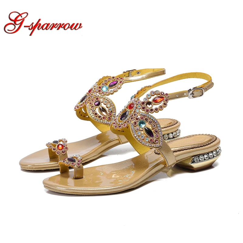 Sandalias planas con diamantes de imitación para mujer, zapatos de vestir  con tiras traseras a la moda, Color dorado y negro, talla 11 - AliExpress  Calzado