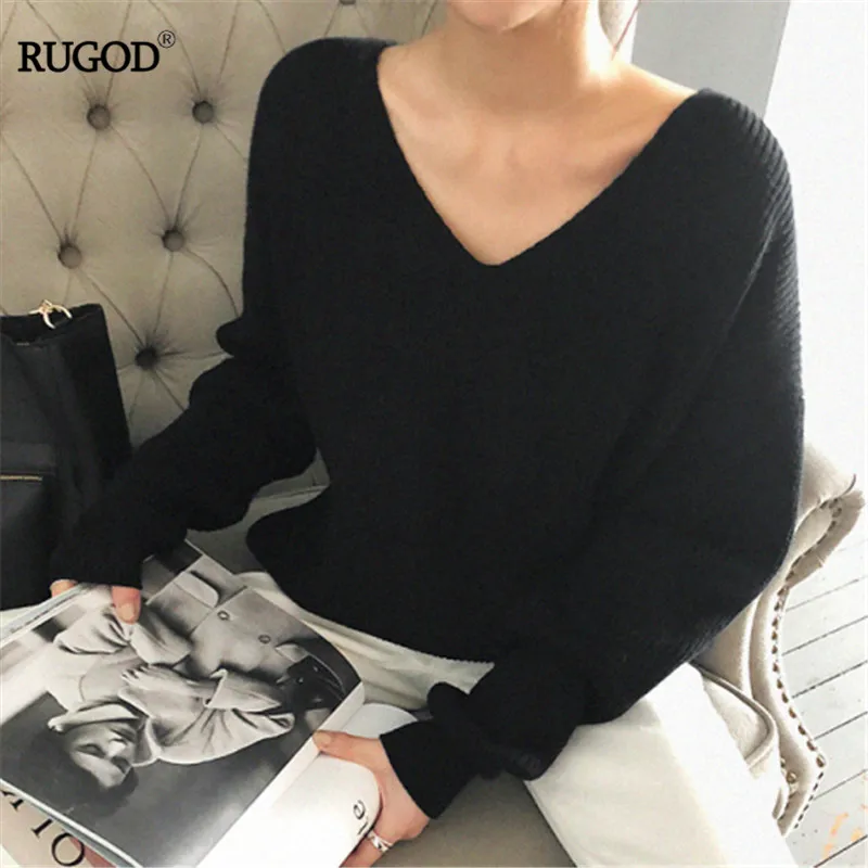 RUGOD пуловер большого размера с v-образным вырезом, вязаный свитер, джемпер, зимние топы для женщин, одежда, трикотаж, корейский стиль, простой однотонный