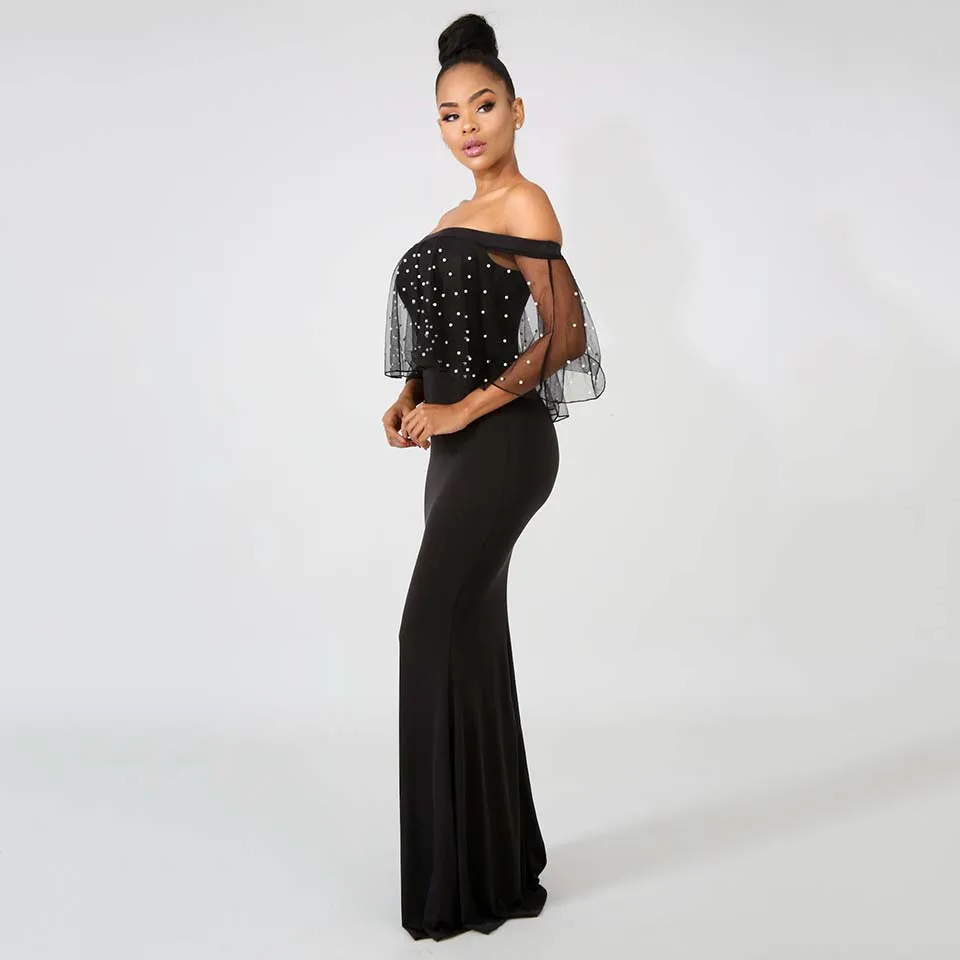 

Womens Dresses Pearl Beading Mesh Sleeve Trumpet Off Shoulder Sexy Black long Dress for Party Vestido Maxi jurk zomer oversize