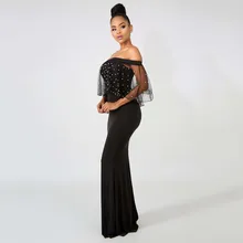 Womens Dresses Pearl Beading Mesh Sleeve Trumpet Off Shoulder Sexy Black long Dress for Party Vestido Maxi jurk zomer oversize mesh shoulder trumpet sleeve top