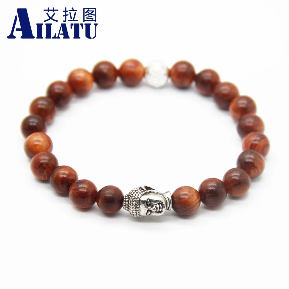 Ailatu Мода натурального дерева Бусы Голове Будды эластичный браслет украшения для Для мужчин