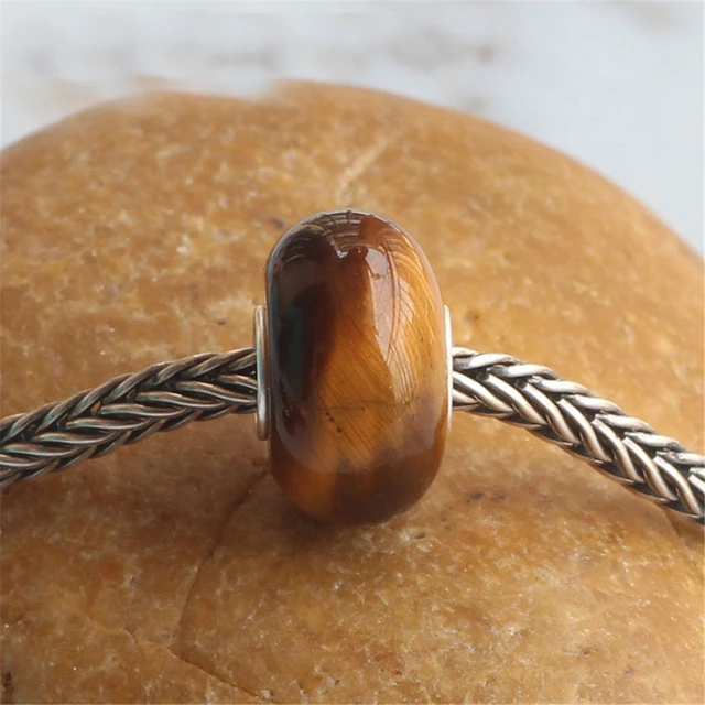 

925 Sterling Silver Natural Tiger Eye Stone Charm Bead Fit European 3.5 Bracelet Jewelry